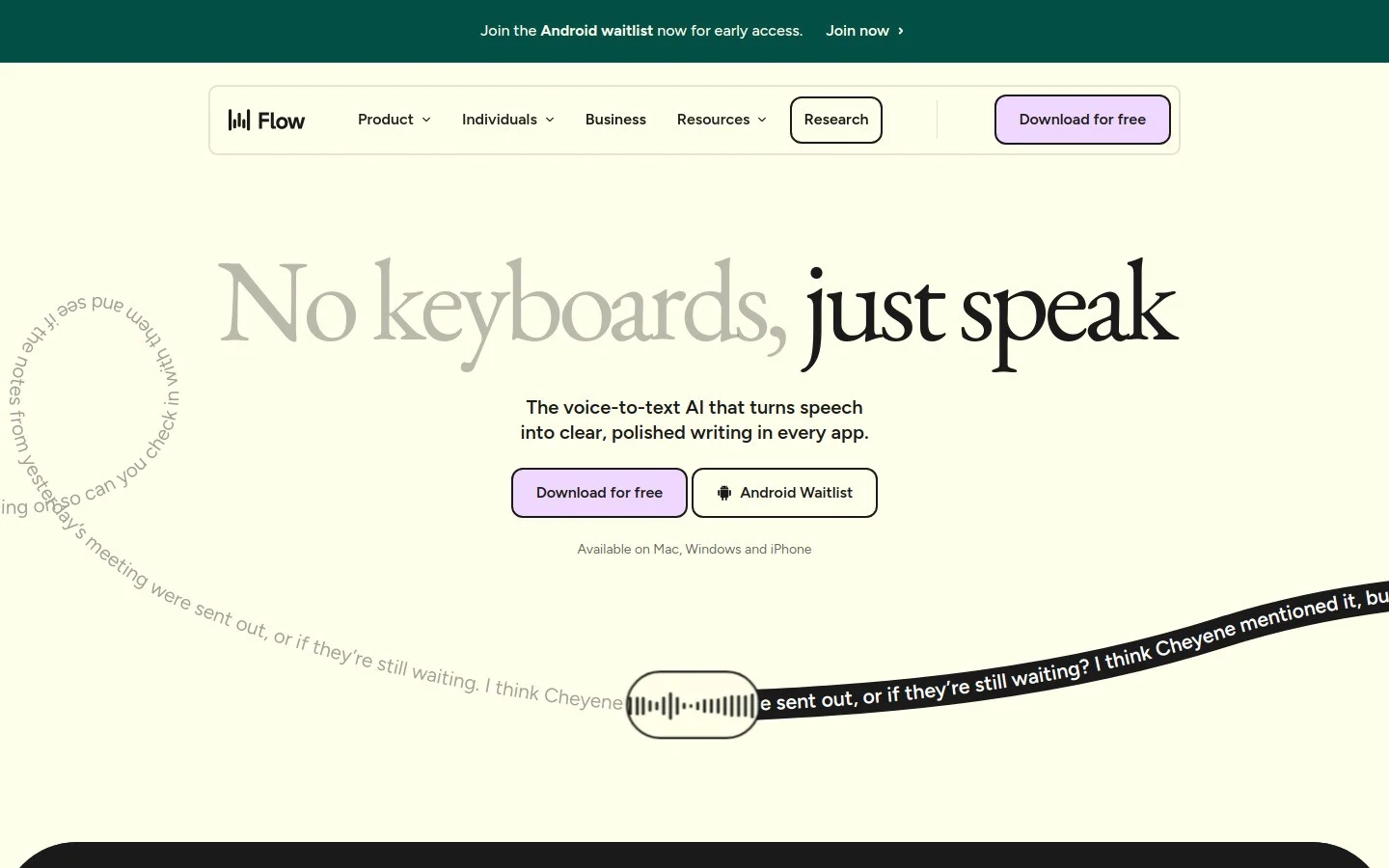 wisprflow.com homepage hero section screenshot