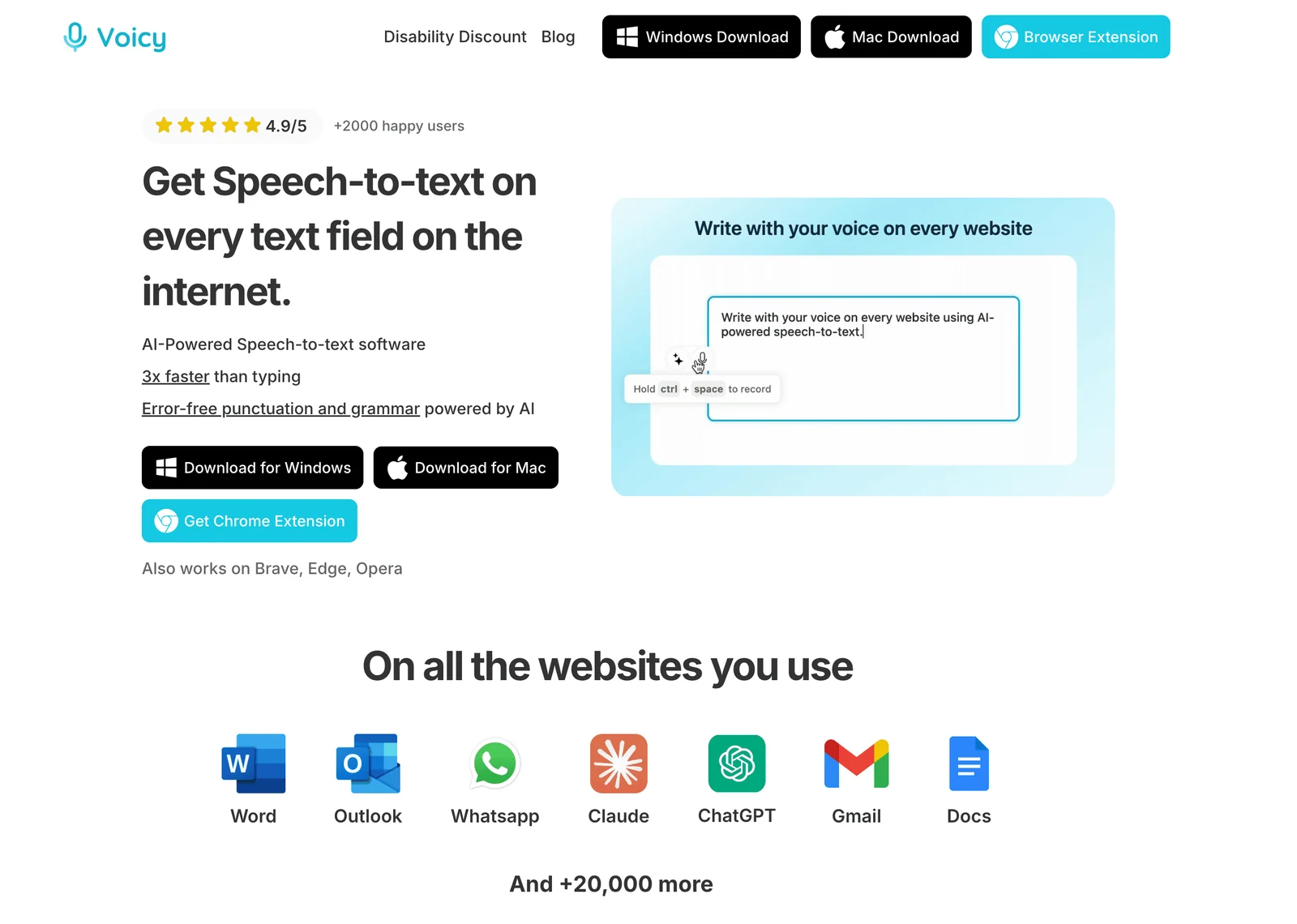 Screenshot of the Voicy Speech Text homepage. 