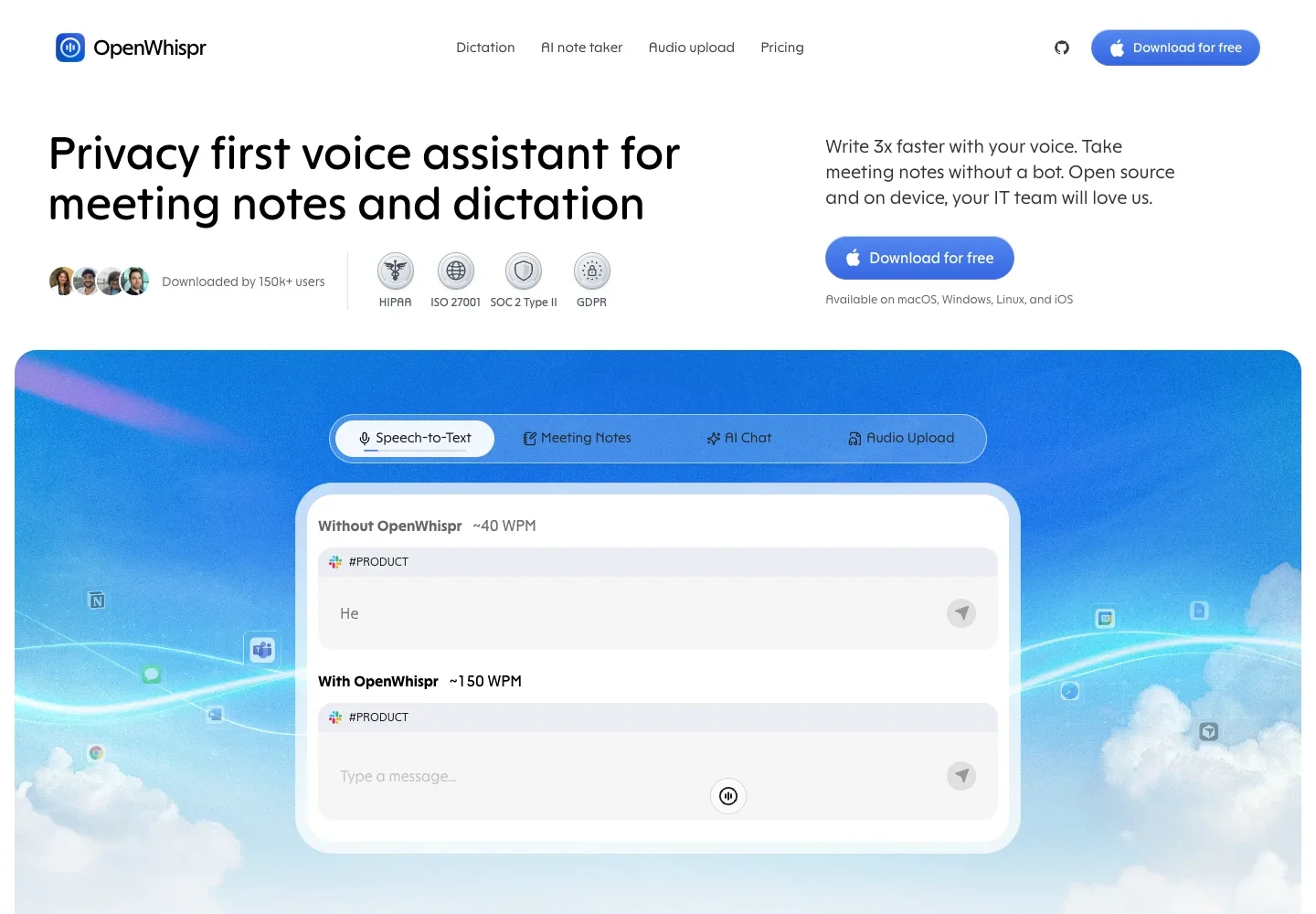 OpenWhispr-Website mit der Spracheingabe-Demo