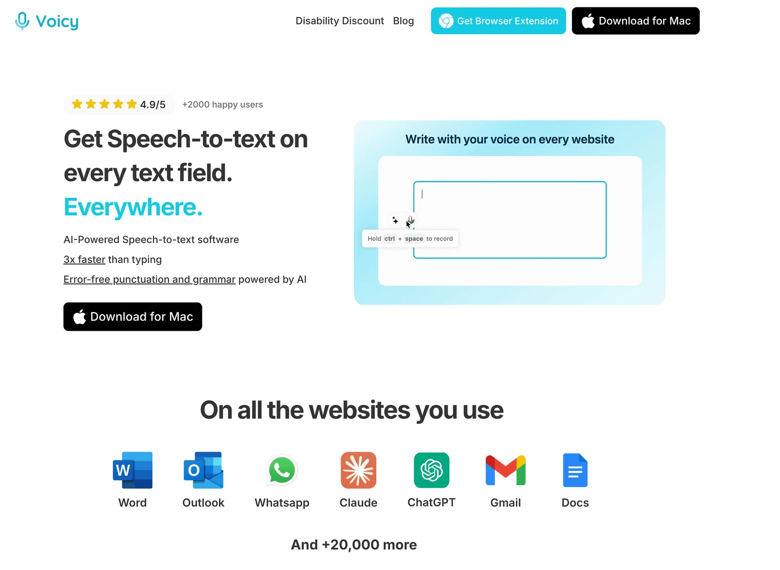 Voicy Speech to Text for Carpal Tunnel Homepage screenshot