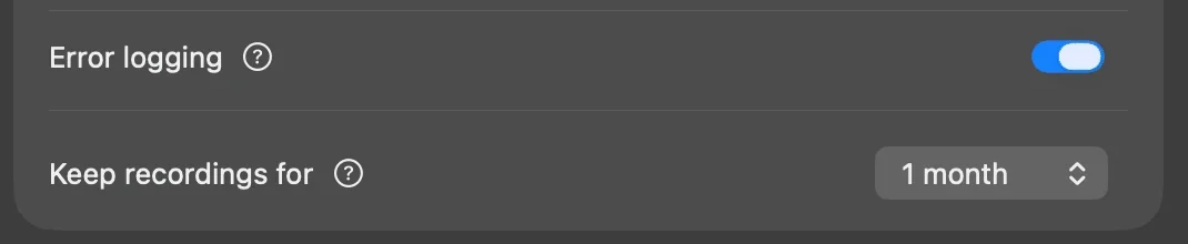 Superwhisper Configuration showing Error logging and Keep recordings for
