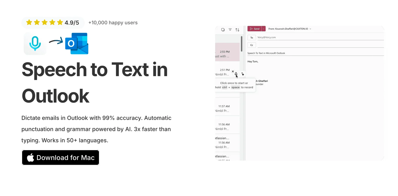 Screenshot of Voicy Speech to Text in outlook
