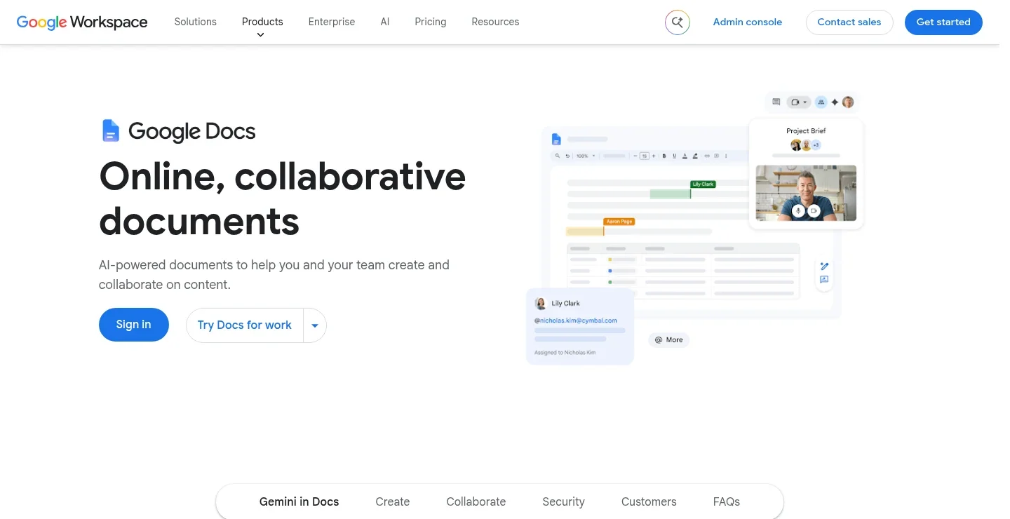Google Docs official product landing page