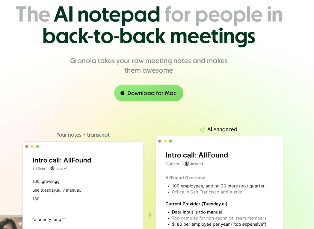 Granola AI homepage screenshot. 