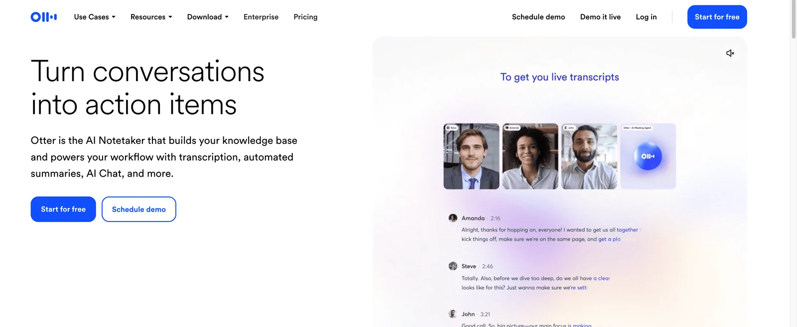 Otter.ai meeting transcription homepage screenshot