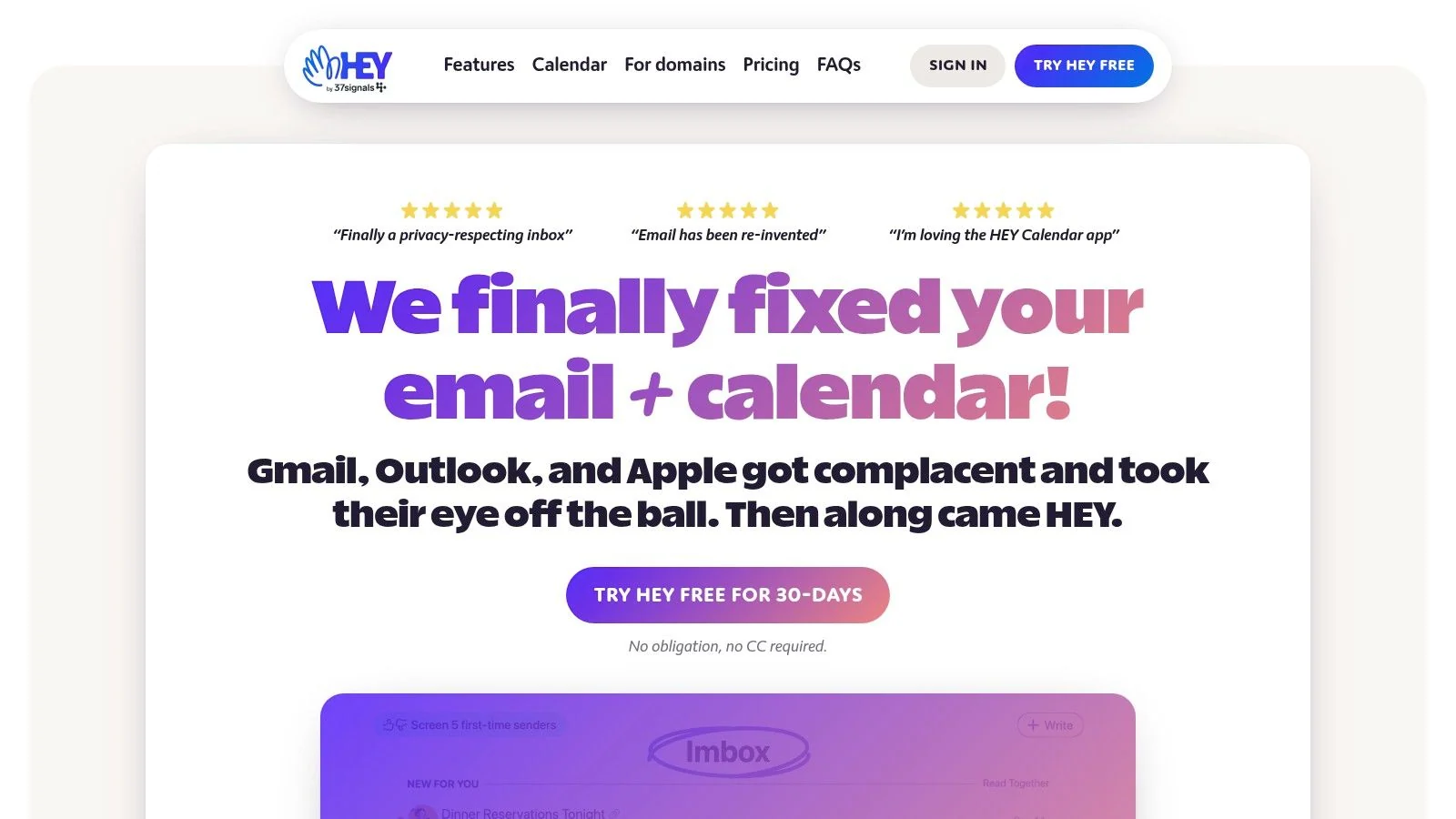 HEY by Basecamp homepage screenshot