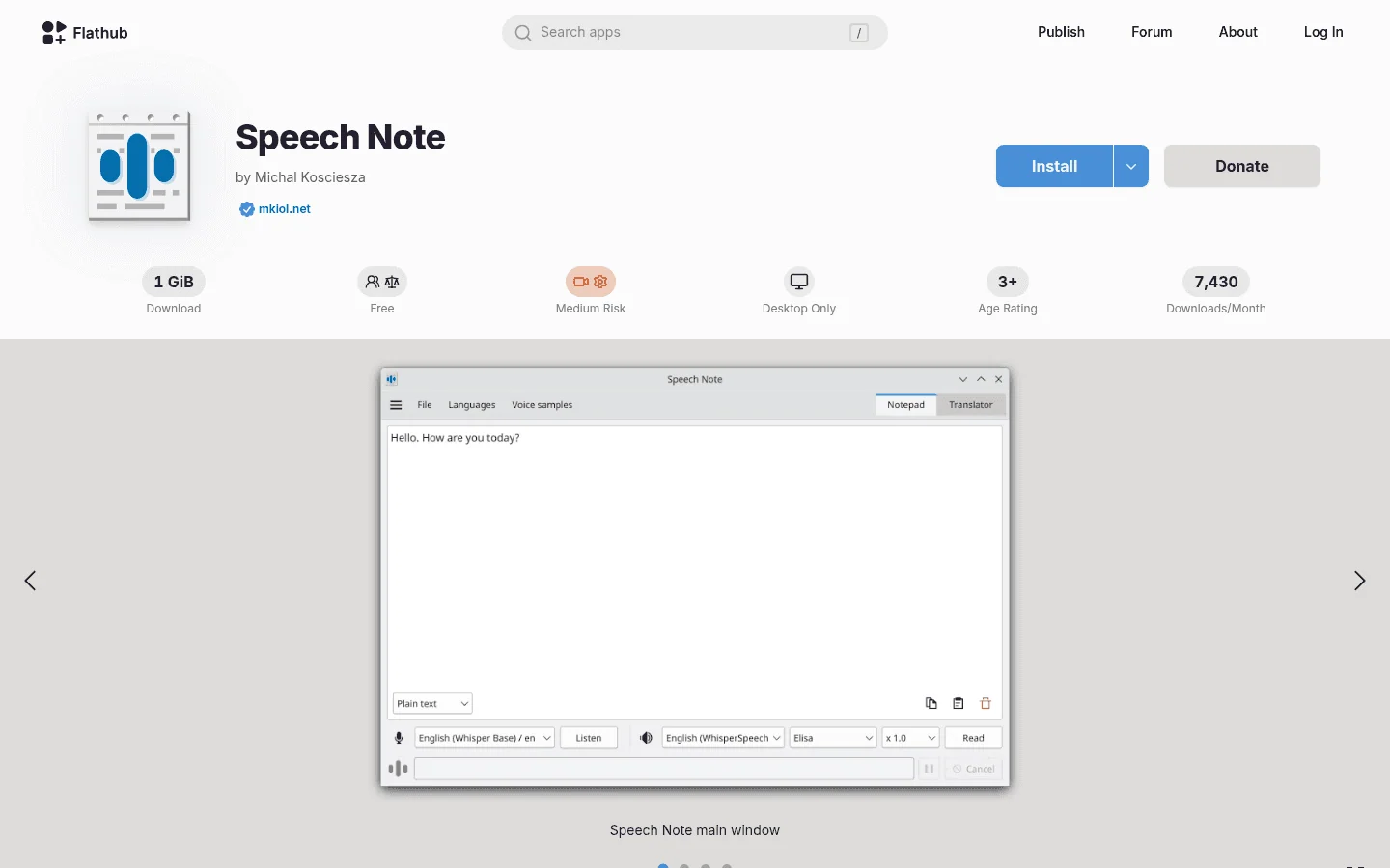 Speech Note official page screenshot