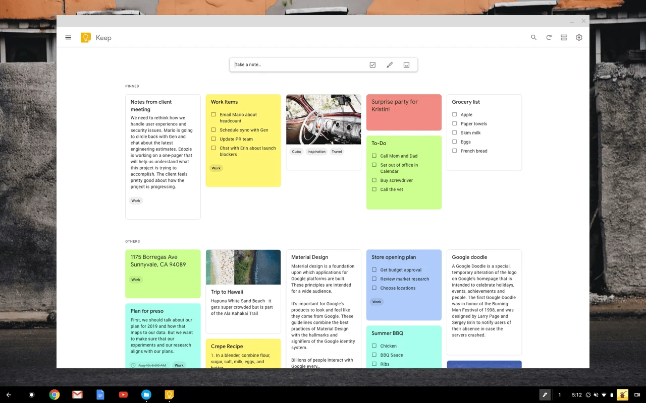 Screenshot of Google Keep not taking out. 