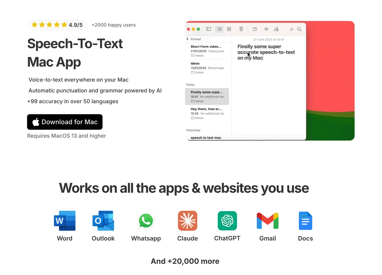 Voicy speech-to-text Mac app homepage screenshot