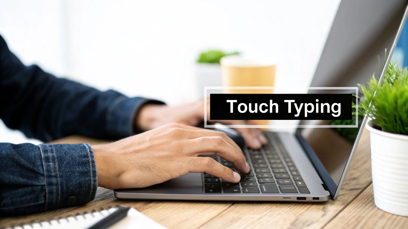 Ergonomic desk setup with a keyboard and screen at eye level