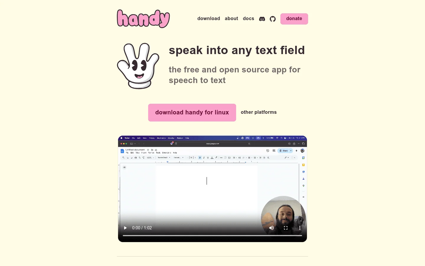 Handy homepage showing free open source speech to text