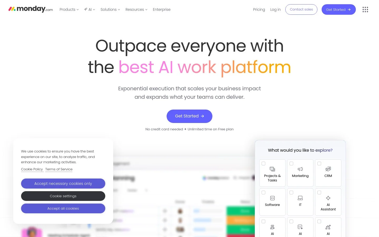 monday.com homepage hero section showing visual project management board