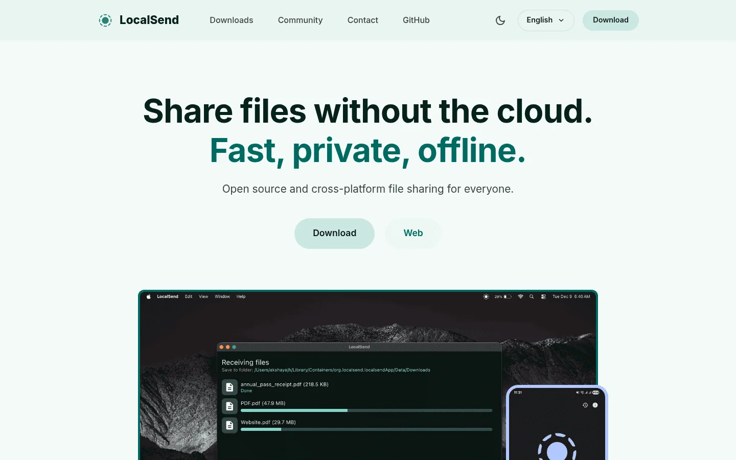 LocalSend file sharing app homepage screenshot