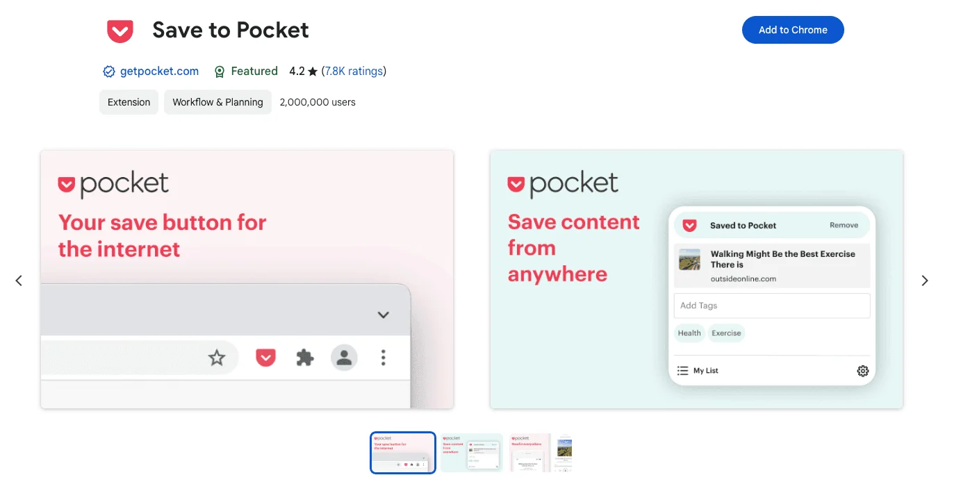 Screenshot of the Pocket Chrome Extension Page