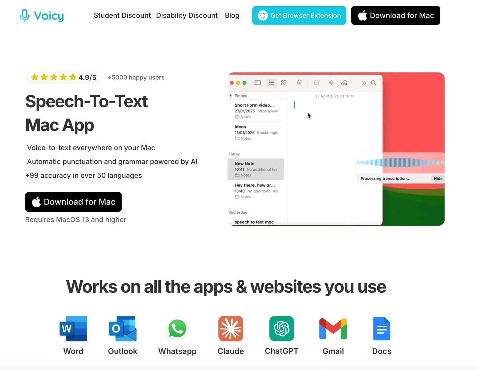 Voicy speech to text mac app homepage screenshot