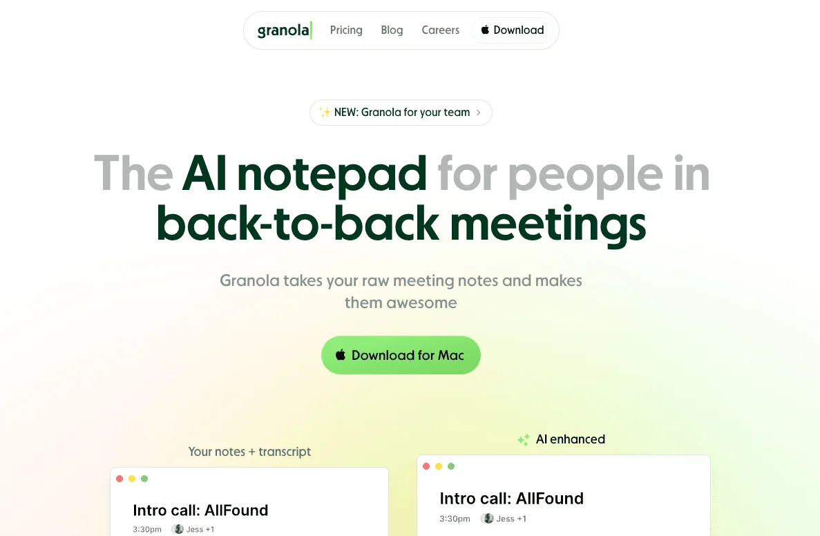 Granola AI Notepad Mac App Screenshot of Homepage 