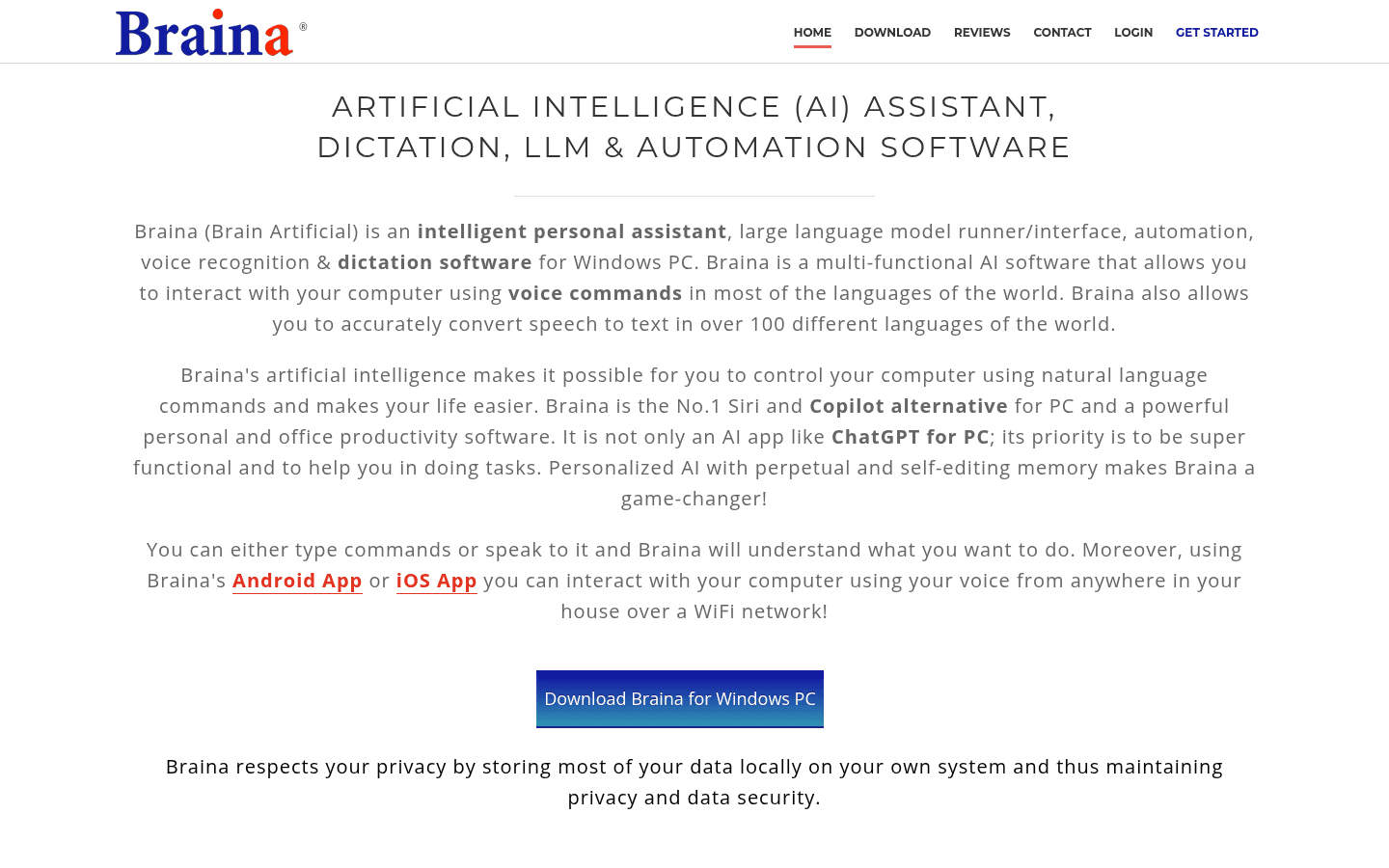 Braina homepage showing AI assistant, dictation, LLM, and automation software for Windows PC