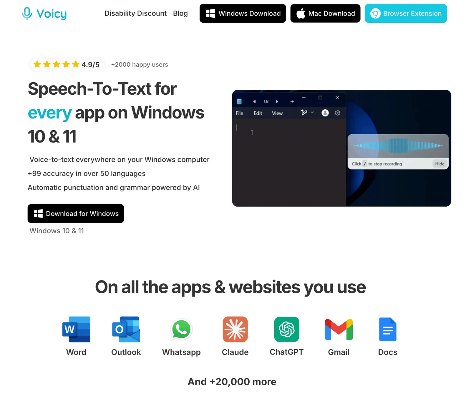 Screenshot of Voicy Speechy Texts Windows App homepage 