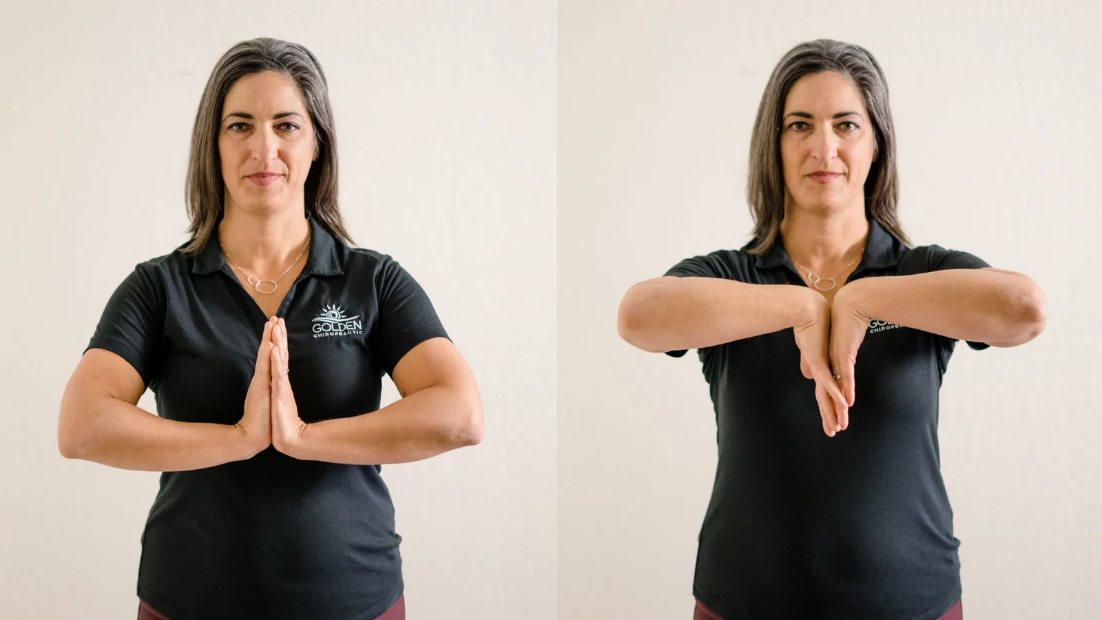 A woman performing prayer and reverse prayer stretches. 