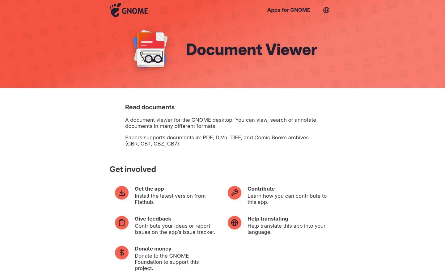 Papers official GNOME page screenshot