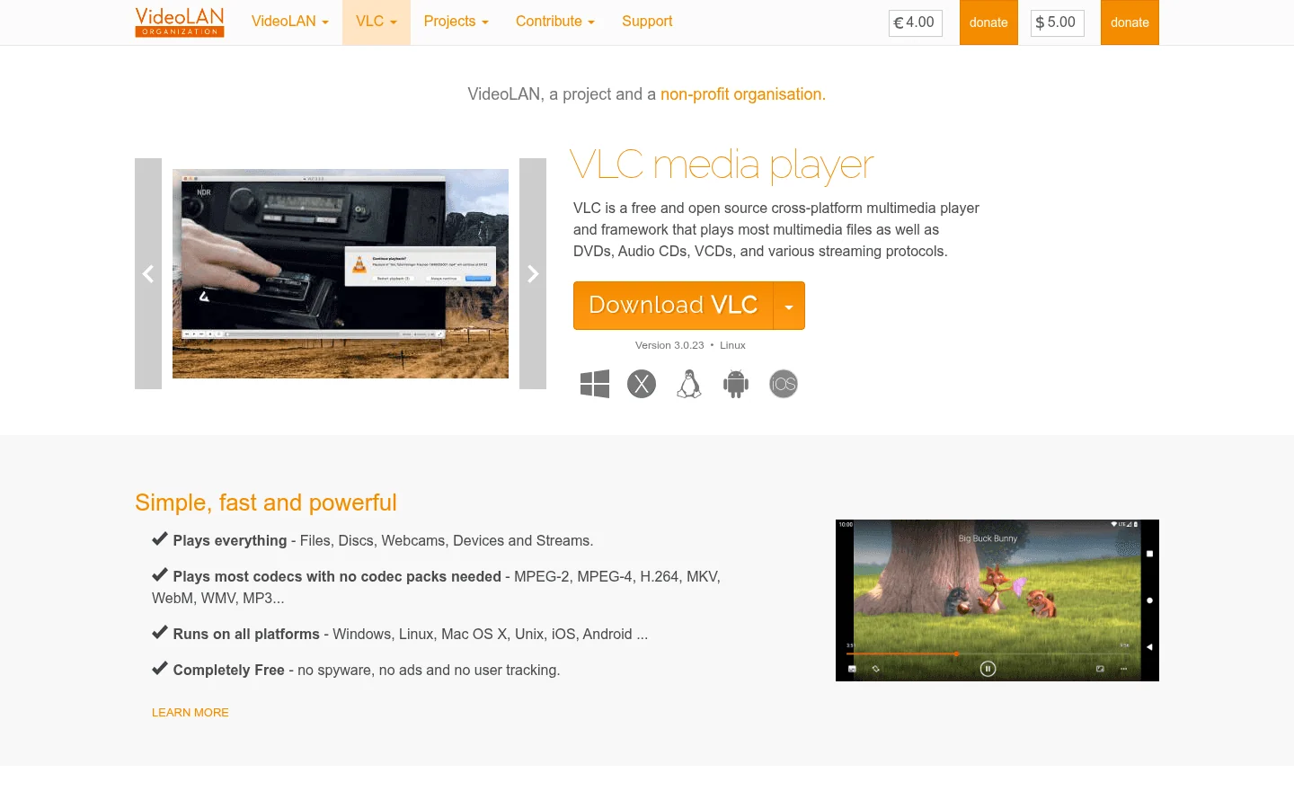 VLC media player homepage screenshot