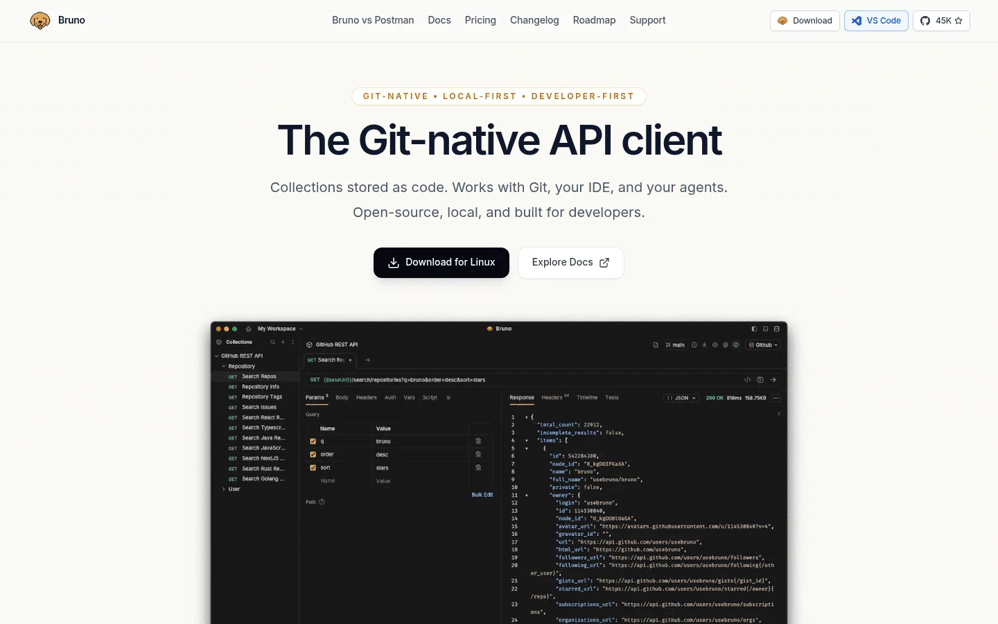 Bruno API client homepage screenshot