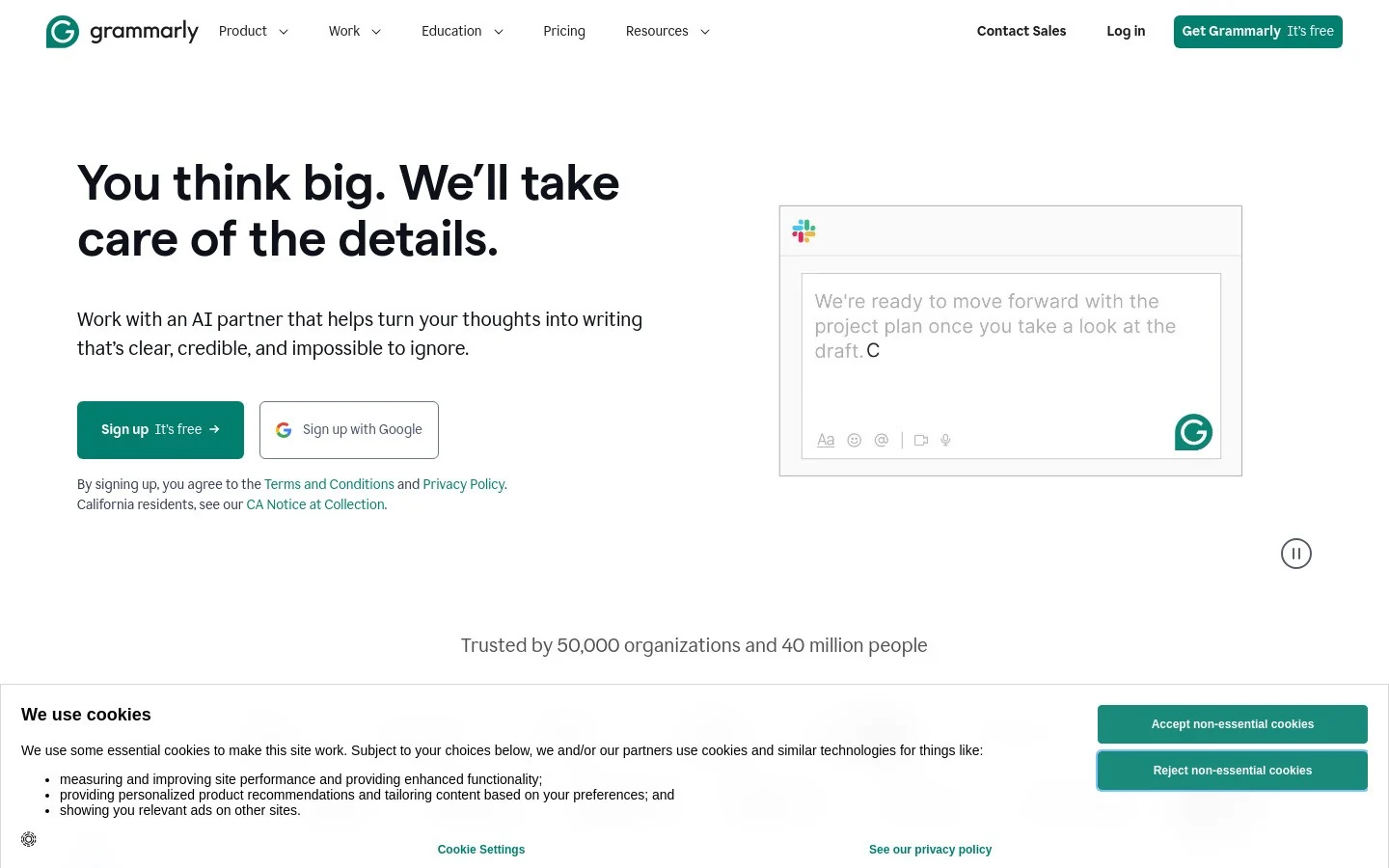 Grammarly homepage hero section showing AI writing assistant
