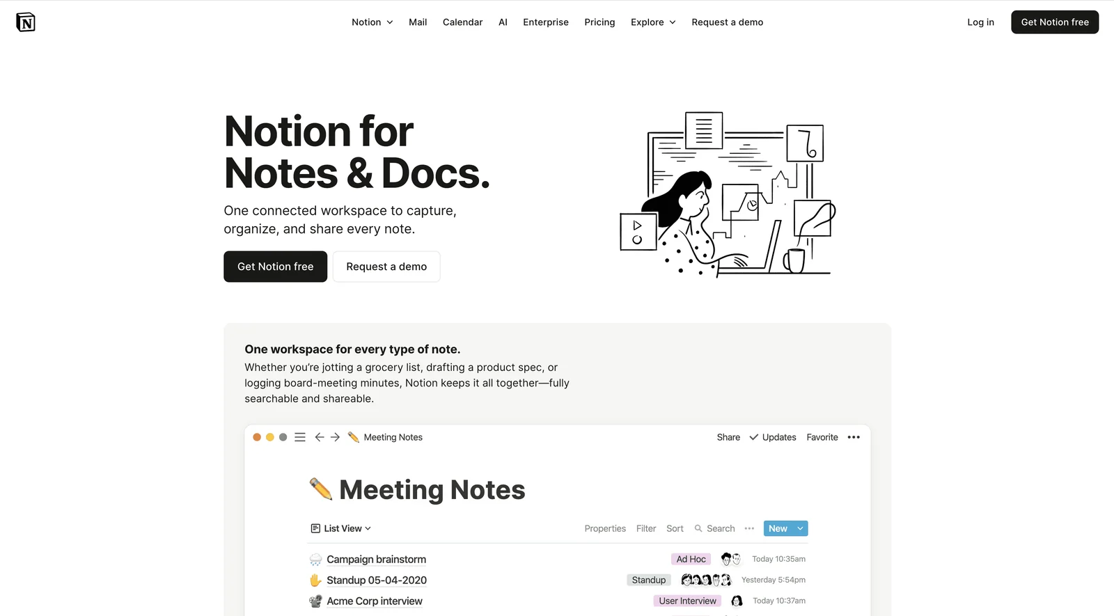 Screenshot of Notion note-taking app for Mac homepage. 