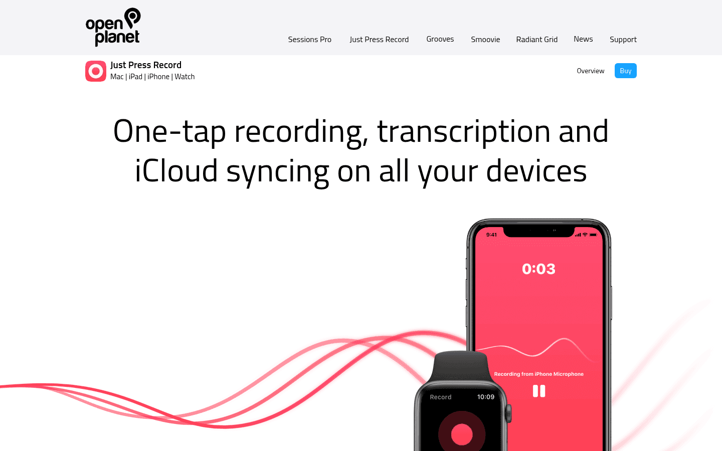 Just Press Record homepage showing one-tap recording, transcription, and iCloud syncing