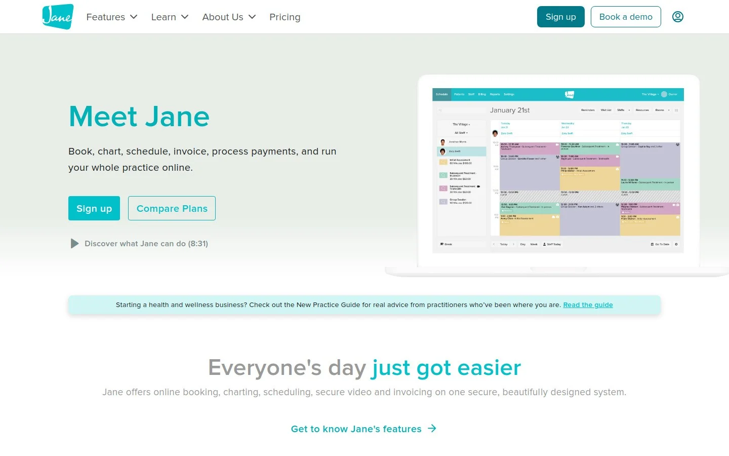 Jane App homepage screenshot