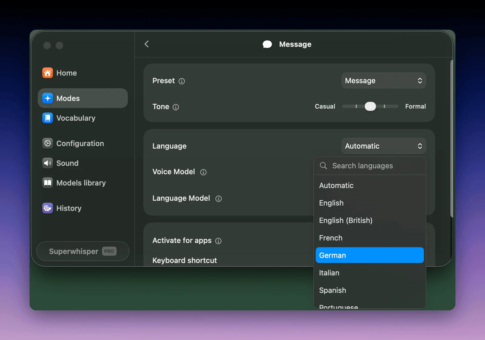 Official Superwhisper screenshot showing the language dropdown in a mode's settings