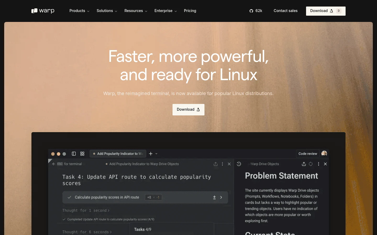 Warp terminal for Linux homepage screenshot
