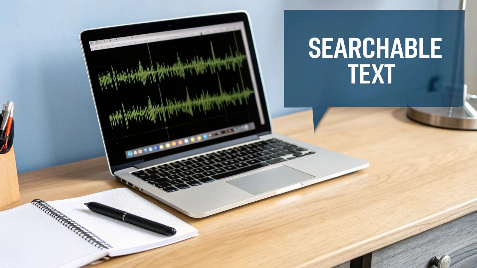 A person using a laptop with sound wave graphics, illustrating the process of converting audio to text.