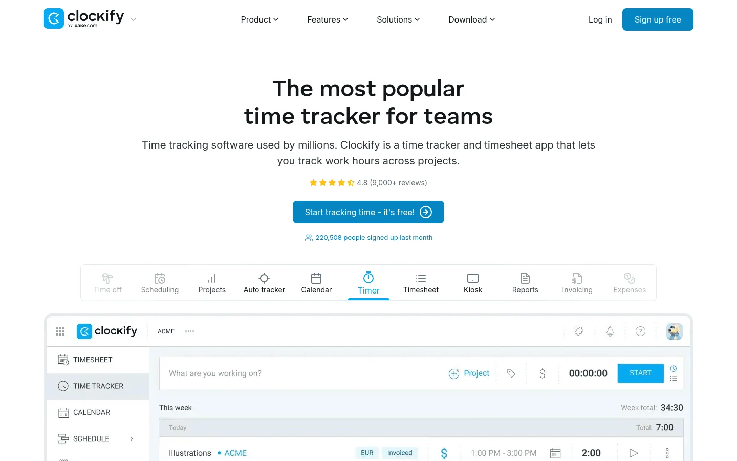 Clockify homepage screenshot