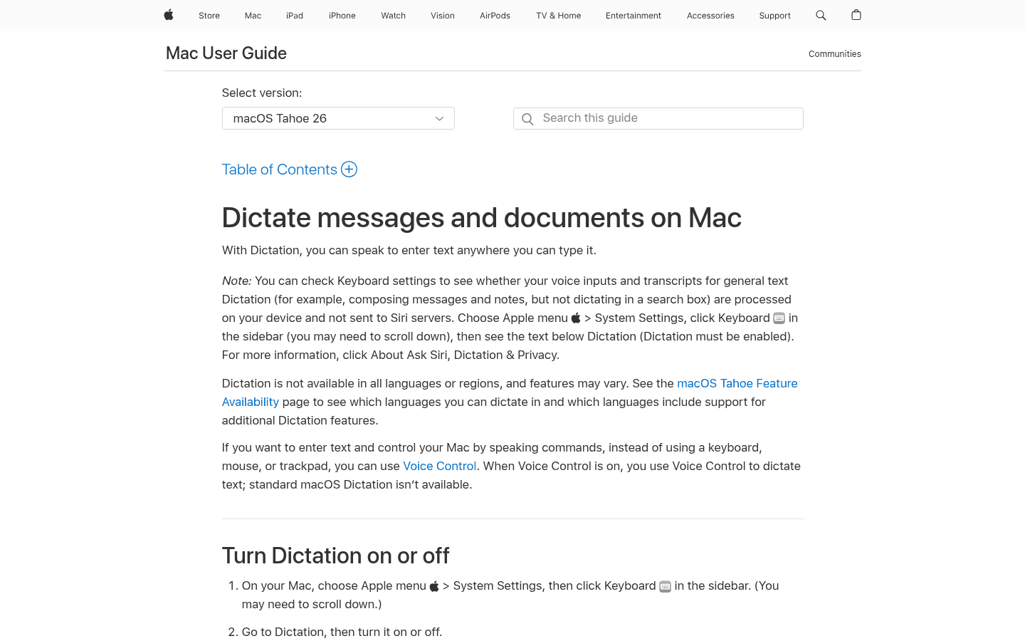 Apple Dictation support page screenshot