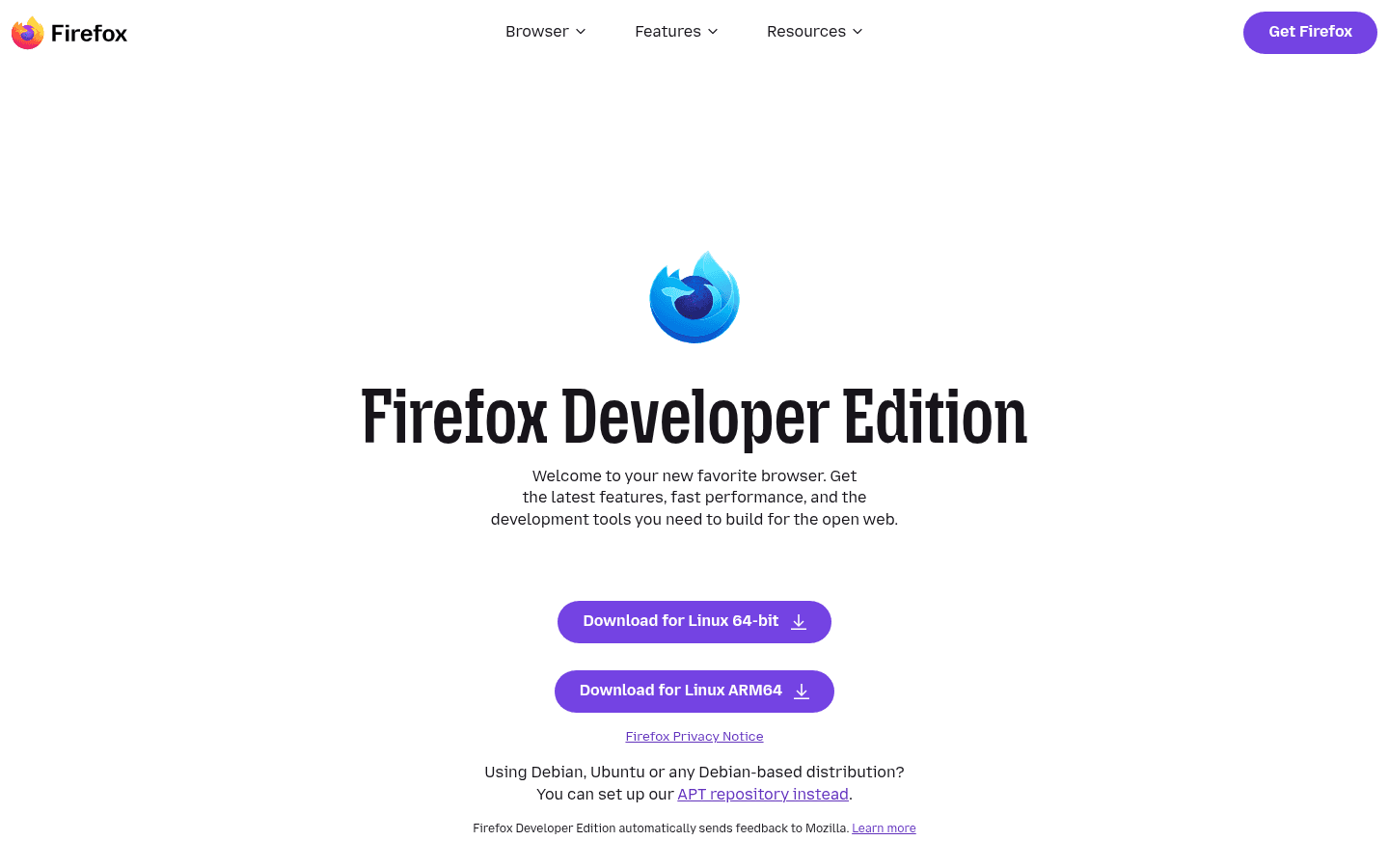 Firefox Developer Edition homepage screenshot for Linux developers