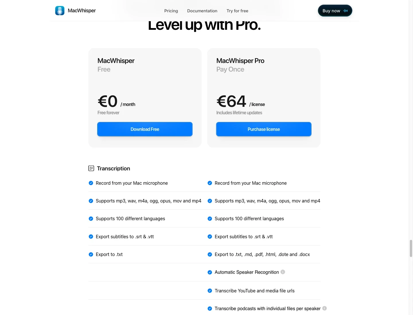 Official MacWhisper pricing matrix: Free at €0, Pro at €64, and export and speaker-recognition differences