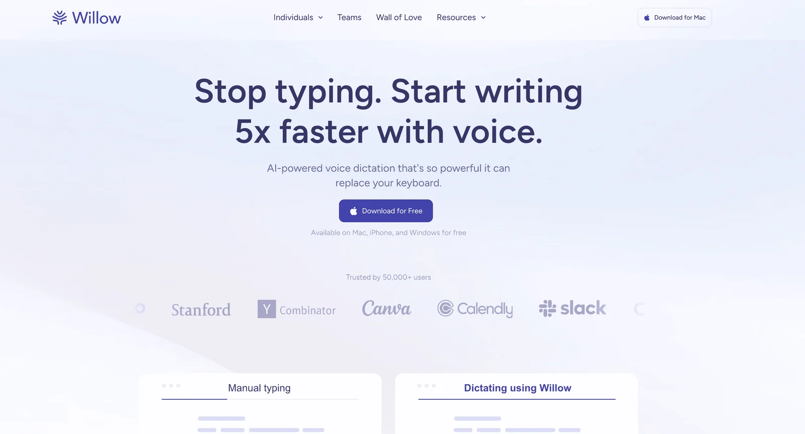 Willow Voice homepage screenshot