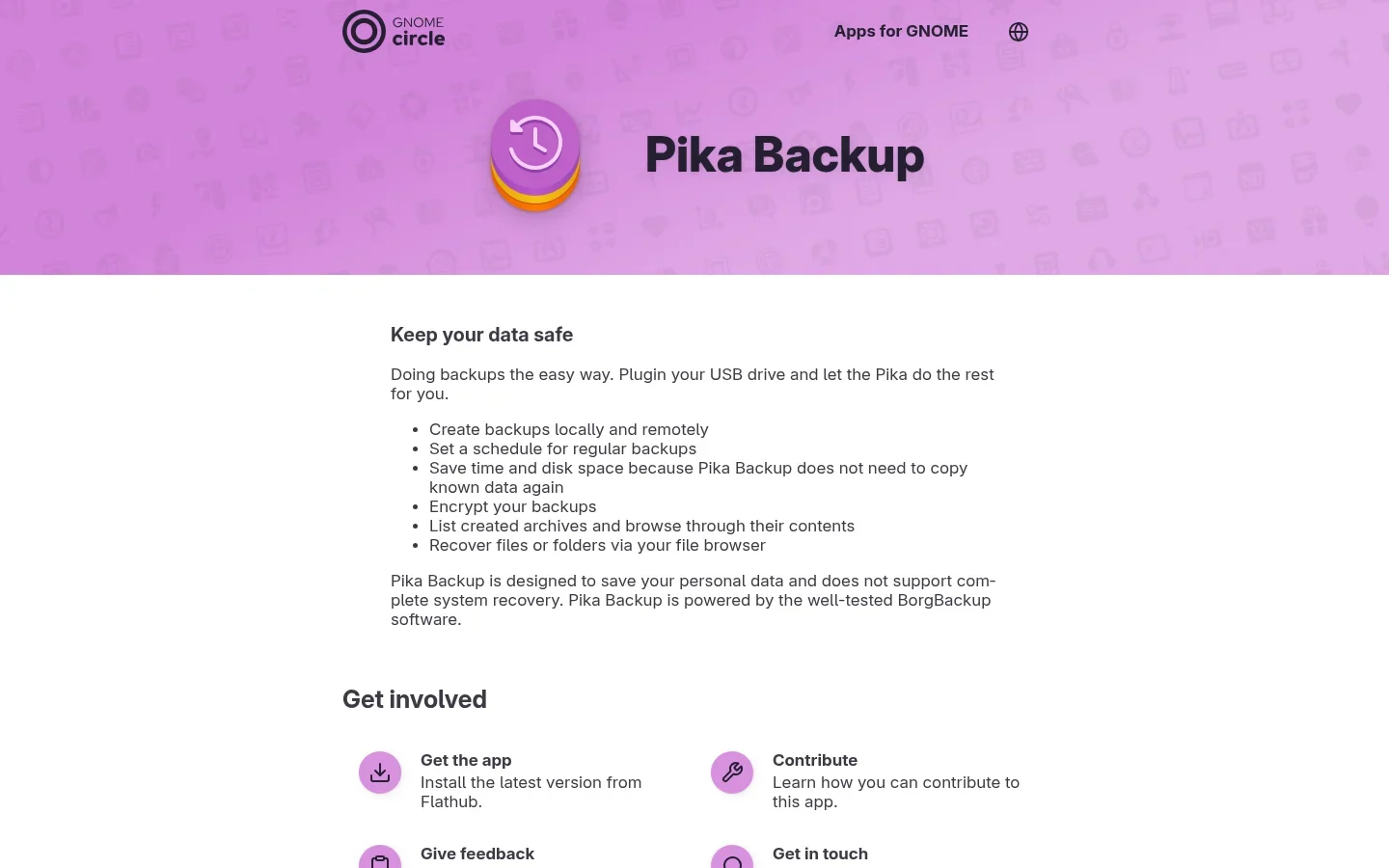 Pika Backup official app page screenshot