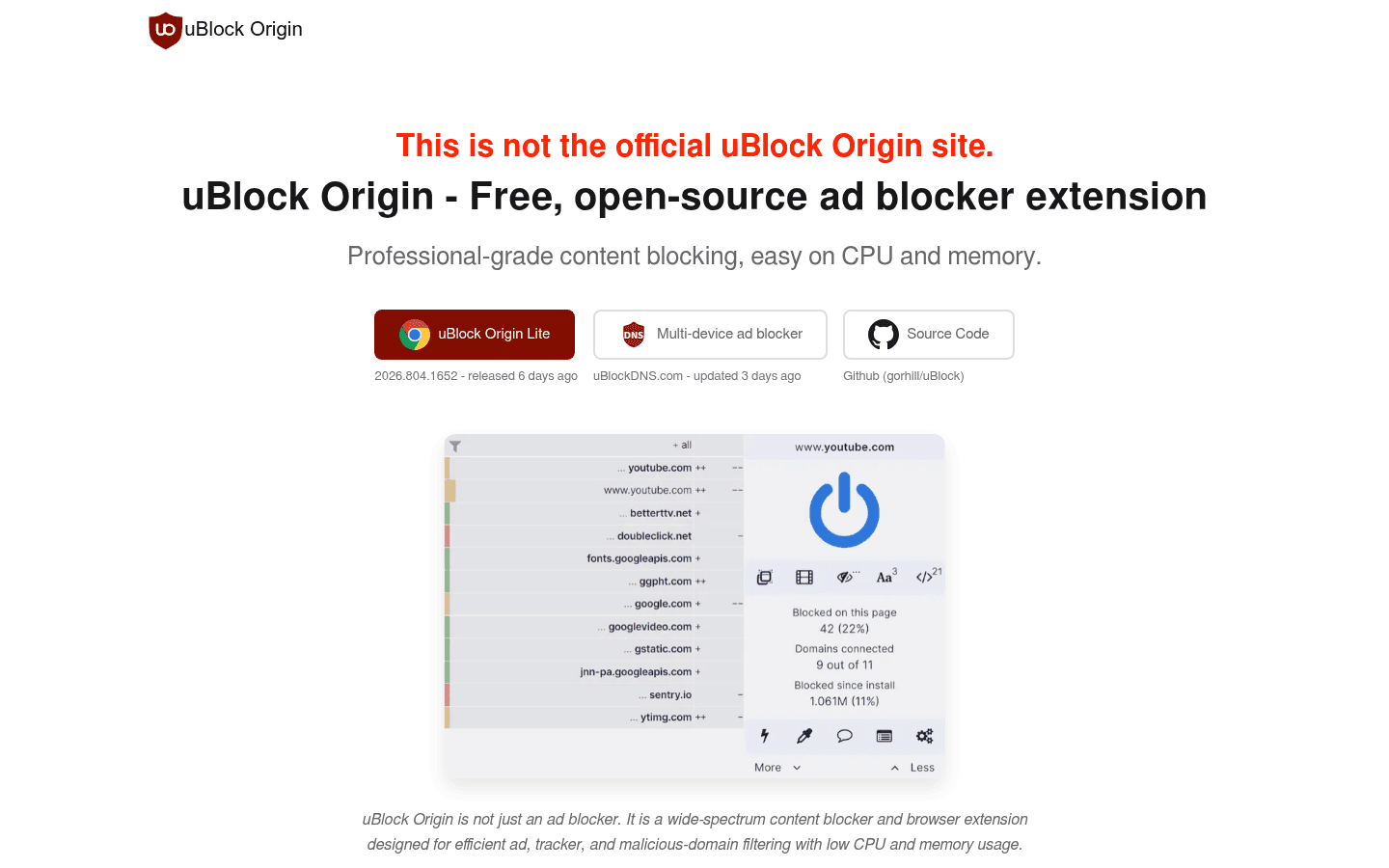 uBlock Origin Lite homepage screenshot