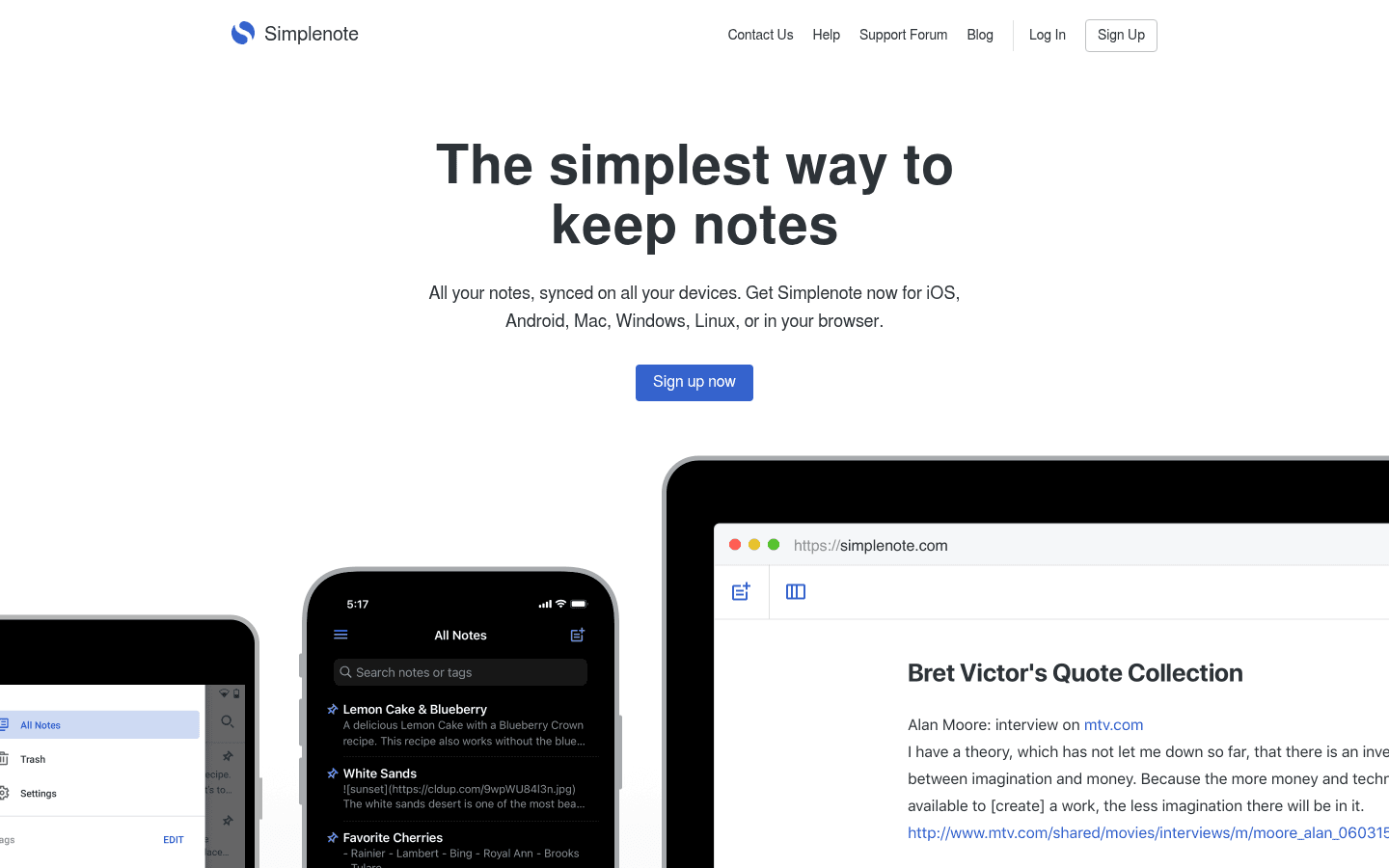 Simplenote notes app homepage screenshot