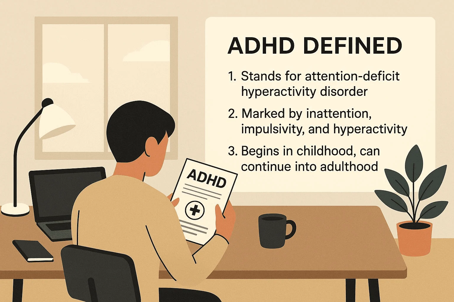 Picture of a cartoon man sitting at a desk with a paper in his hand that reads ADHD. In the background, we have a table that defines ADHD. Point number one on the table, ADHD stands for Attention Deficit Hyperactivity Disorder. Point number two, it's marked by inattention, impulsivity, and hyperactivity. Number three, it begins in childhood and can continue into adulthood.
