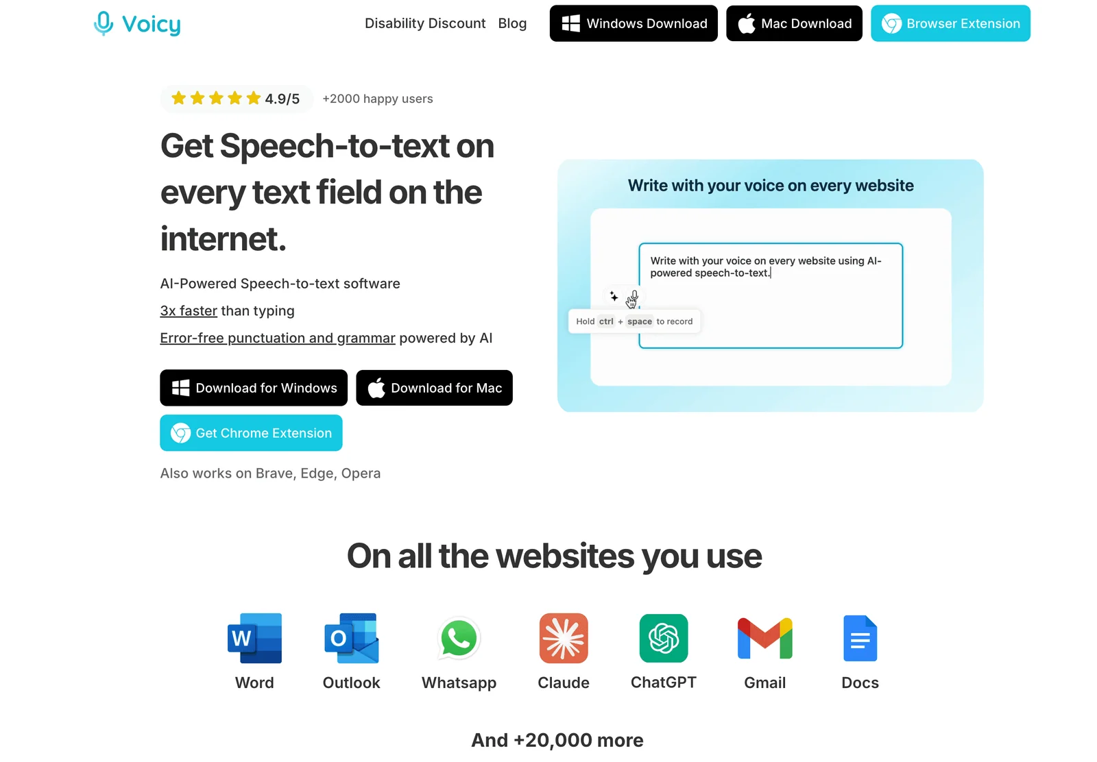 Voicy speech-to-text app homepage screenshot