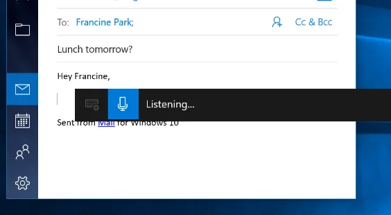 Microsoft screenshot of the Windows 10 dictation toolbar showing Listening over an editable Mail message