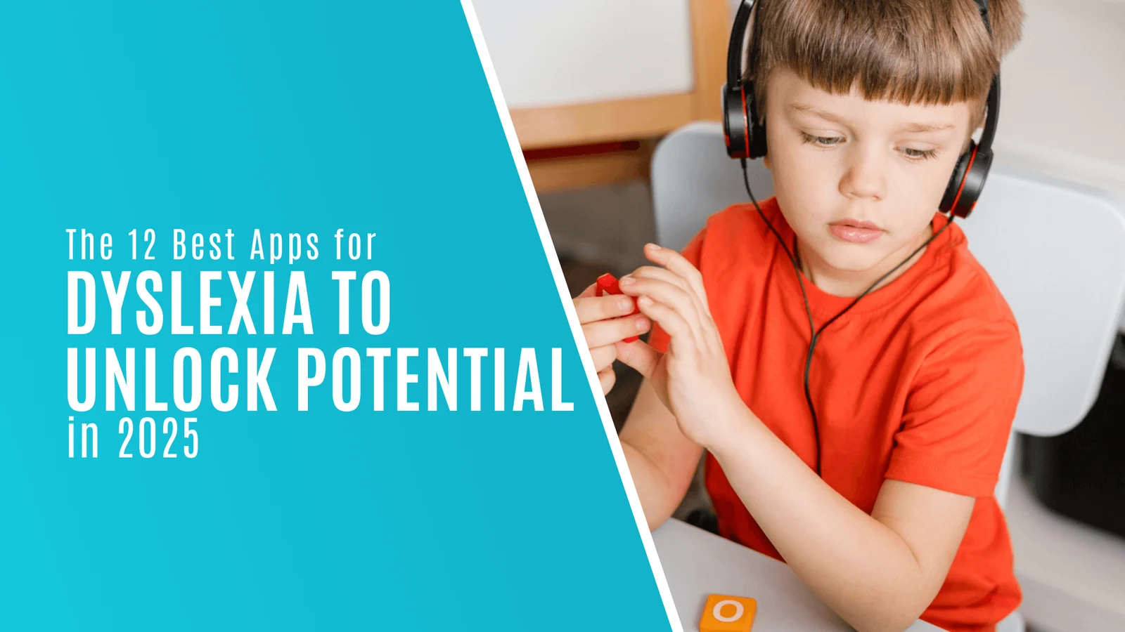Titelbild, weißer Text auf blauem Hintergrund mit der Aufschrift "Beste Apps für Dyslexie, um Potenzial freizuschalten."