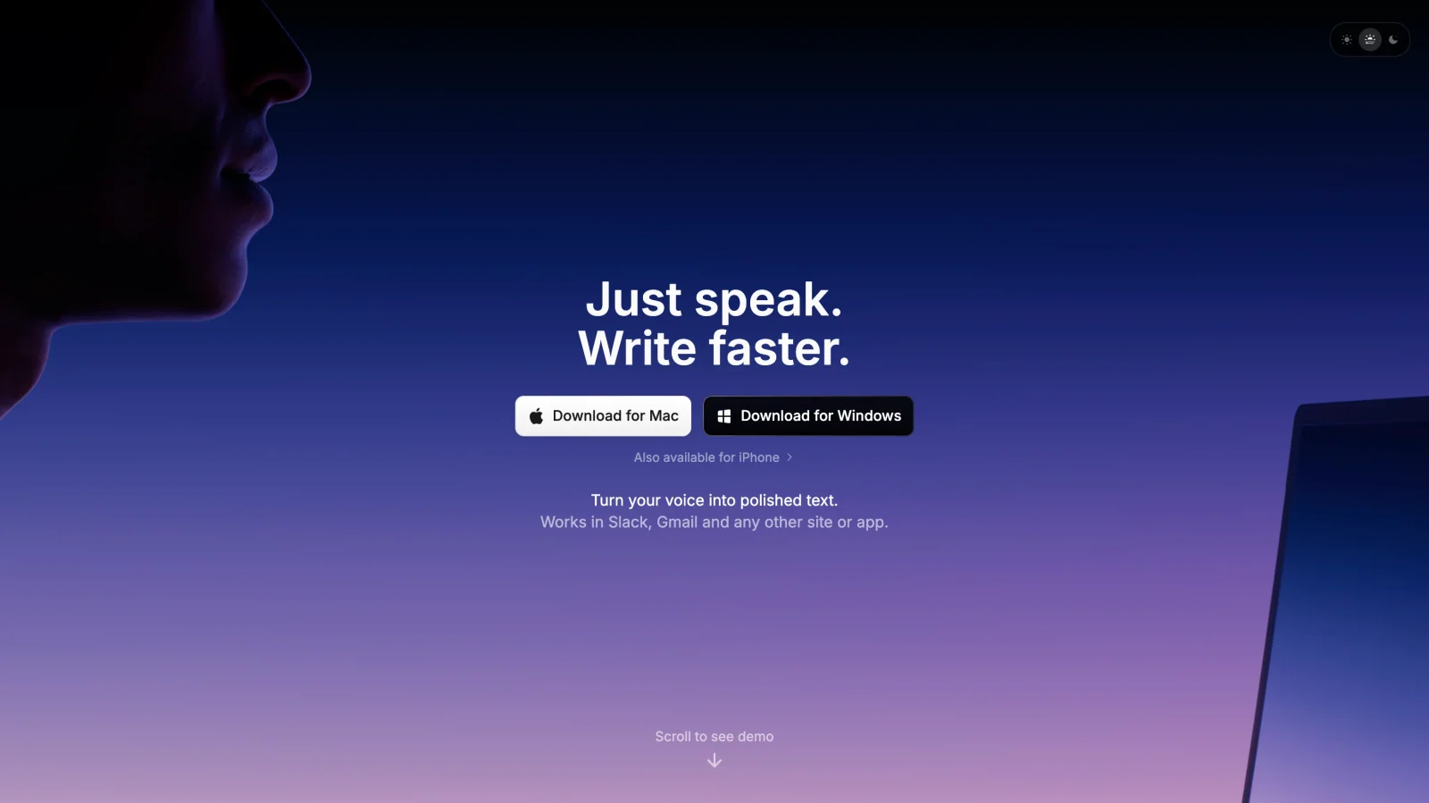 Superwhisper landing page showing its dictation app