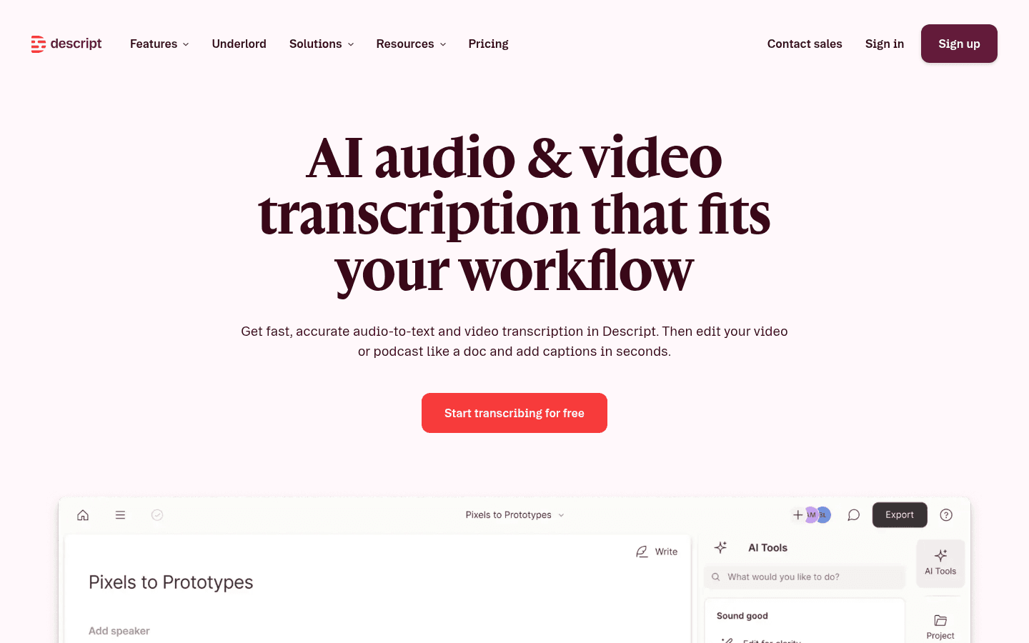 Descript transcription editor homepage screenshot