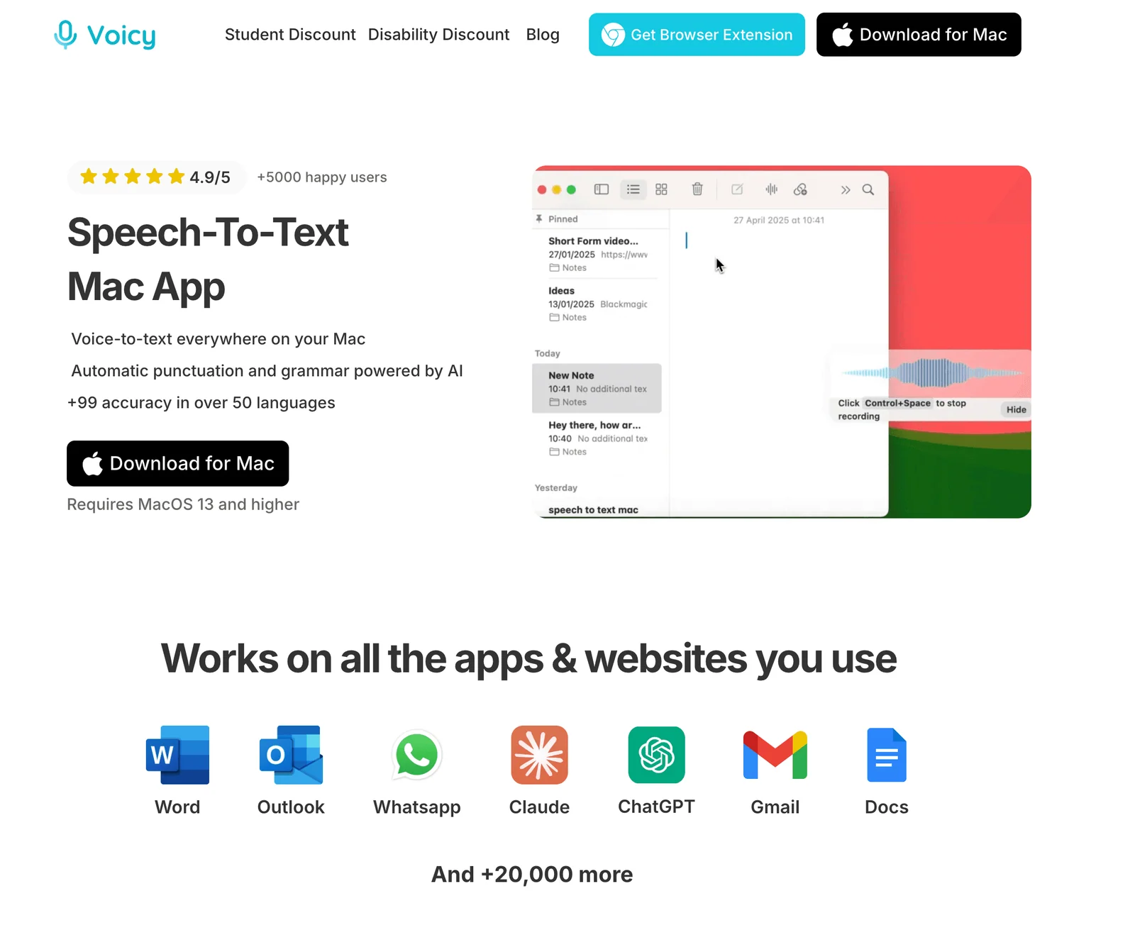A screenshot of the Voicy speech to text for Mac homepage