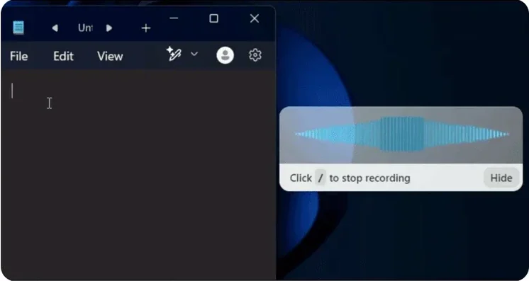 Voicy Windows product demonstration showing its recording overlay beside Notepad