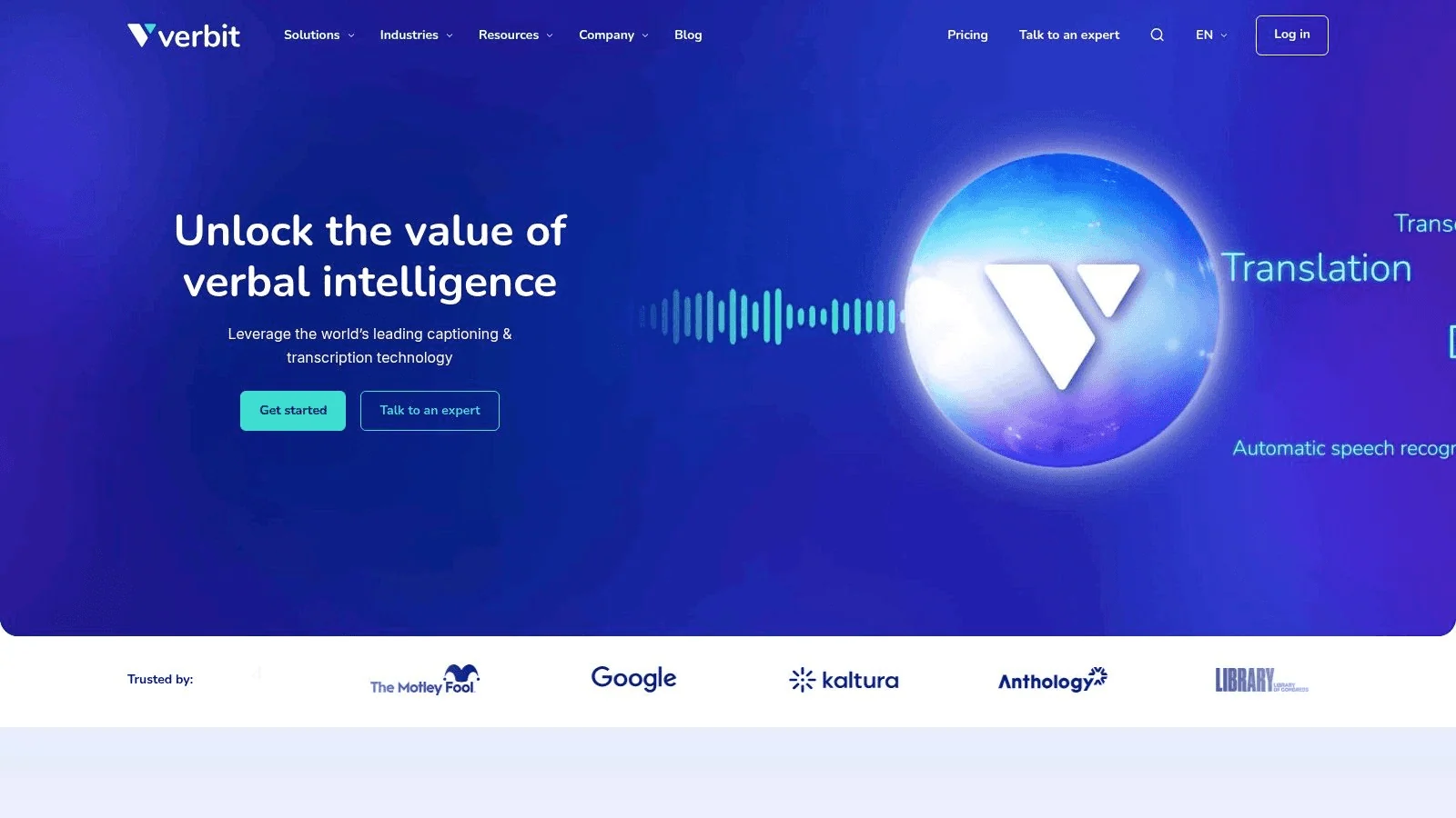 Verbit Transcription Technology homepage. 